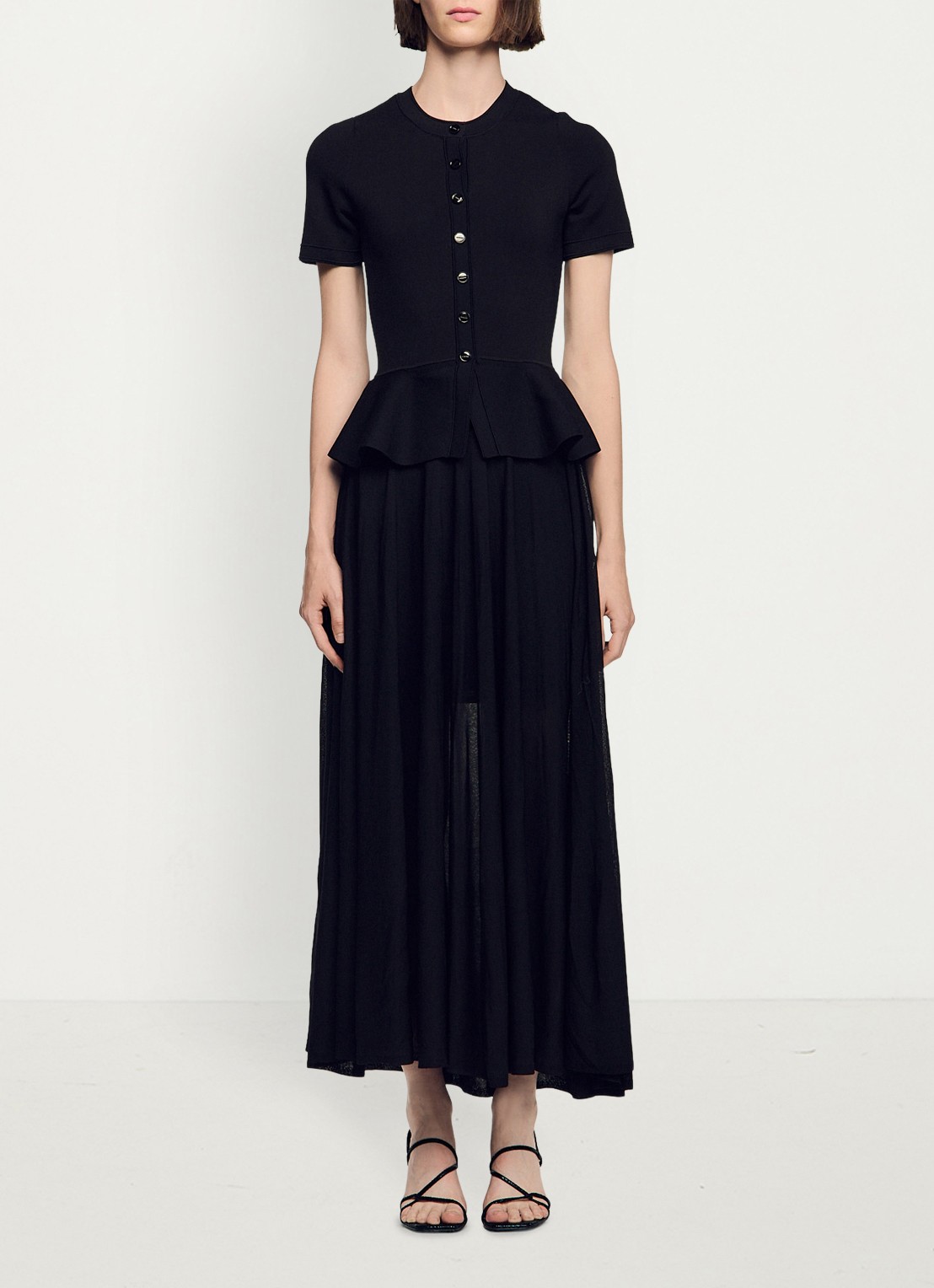 Sandro Semi-transparante midi jurk met peplum - voorkant 6 zwart