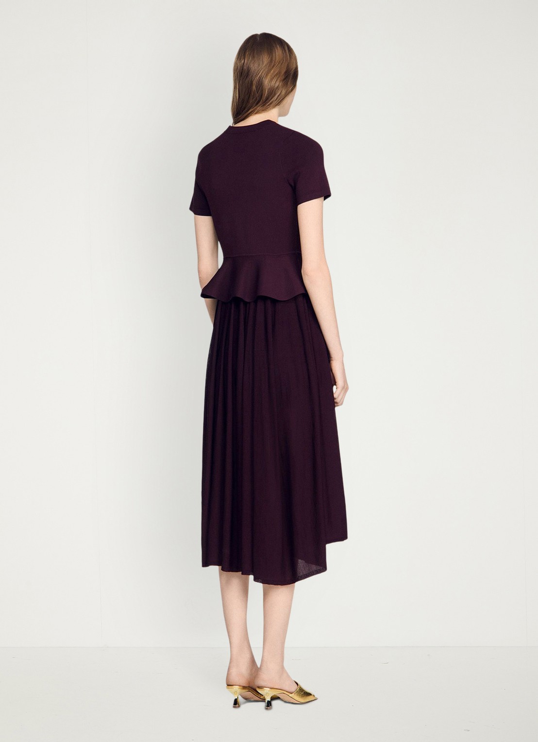 Sandro Semi-transparante midi jurk met peplum - achterkant 5 bordeauxrood
