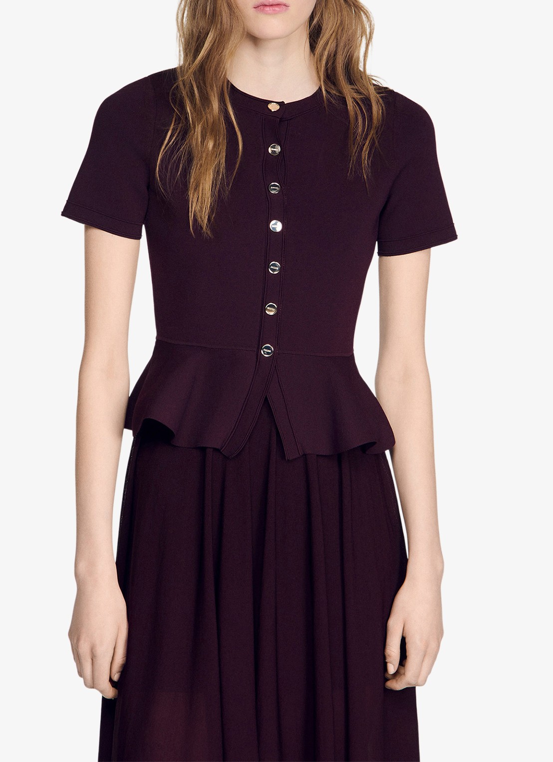 Sandro Semi-transparante midi jurk met peplum - detail 3 bordeauxrood