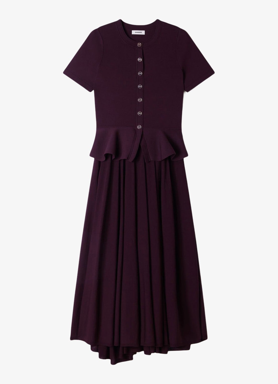 Sandro Semi-transparante midi jurk met peplum - voorkant 6 bordeauxrood