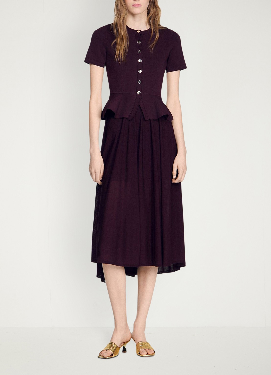Sandro Semi-transparante midi jurk met peplum - voorkant 7 bordeauxrood