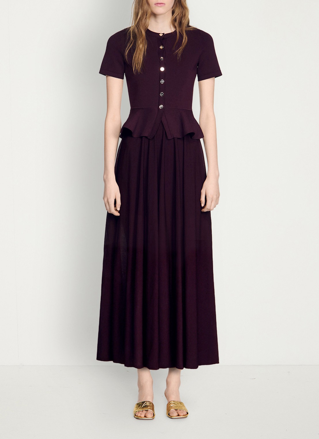 Sandro Semi-transparante midi jurk met peplum - voorkant 5 bordeauxrood
