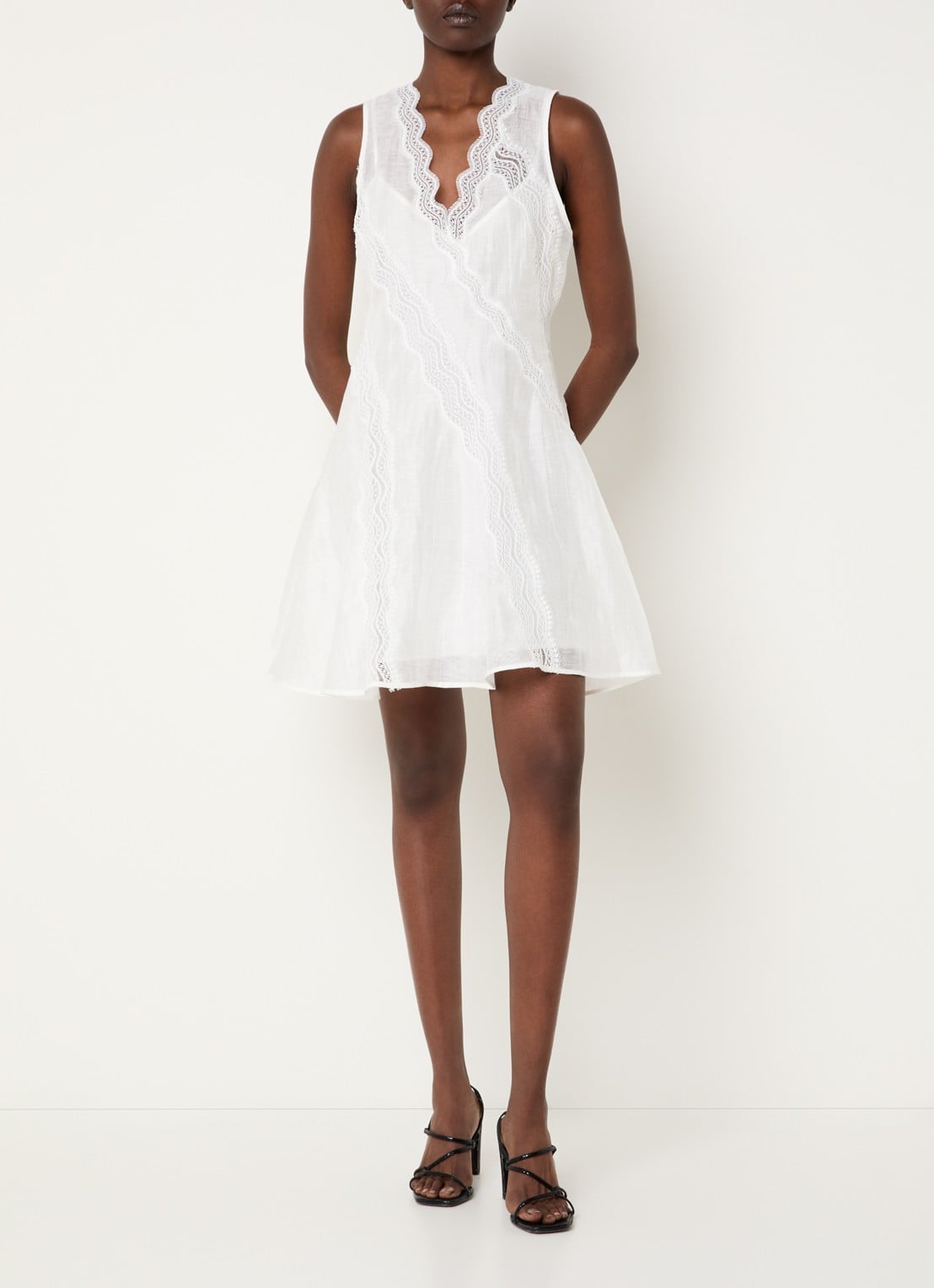 Sandro Semi-transparante mini jurk in linnenblend met details van kant - voorkant 2 wit