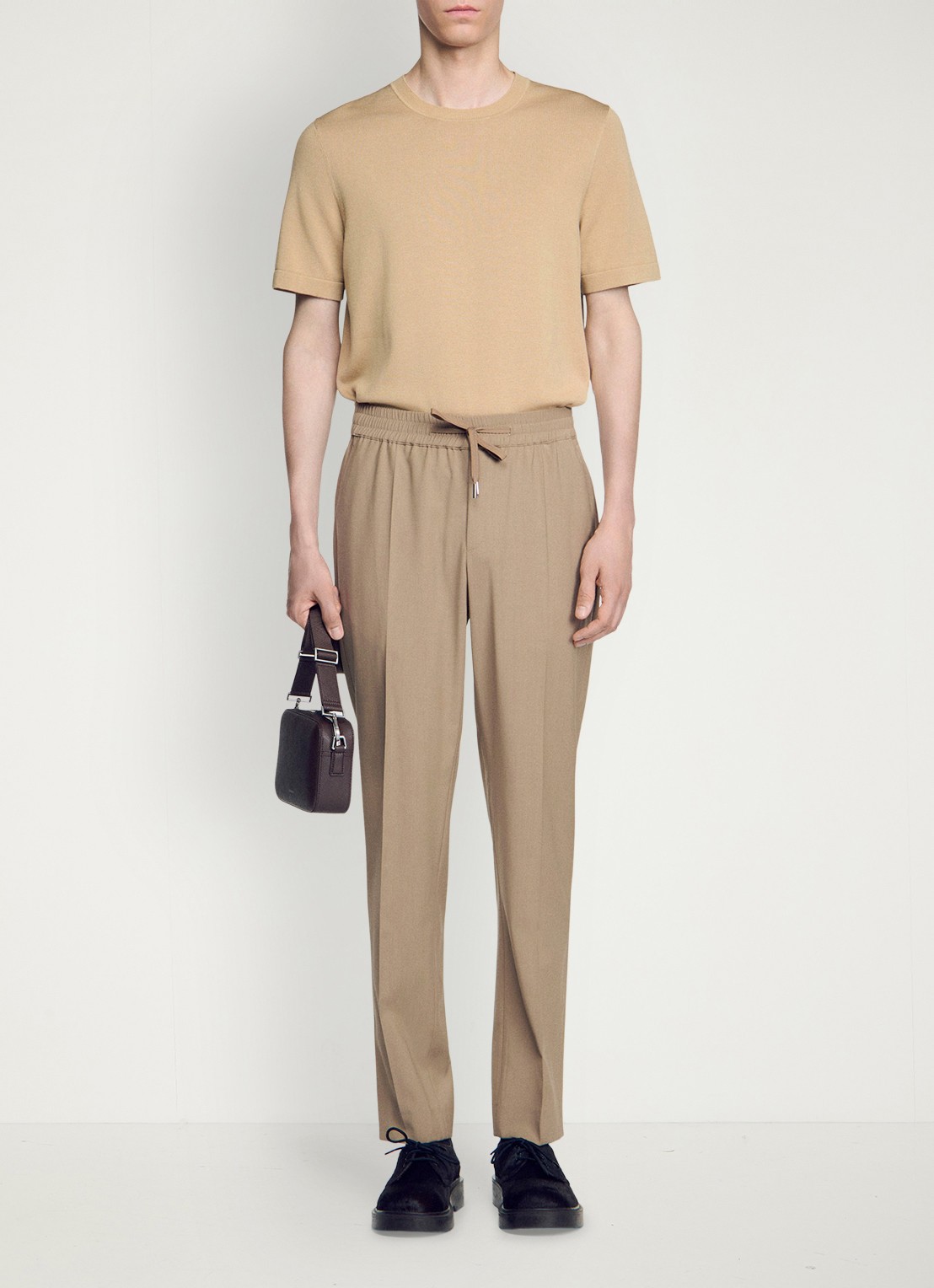 Sandro Slim fit pantalon in wolblend met elastische band - voorkant cappucino / beige