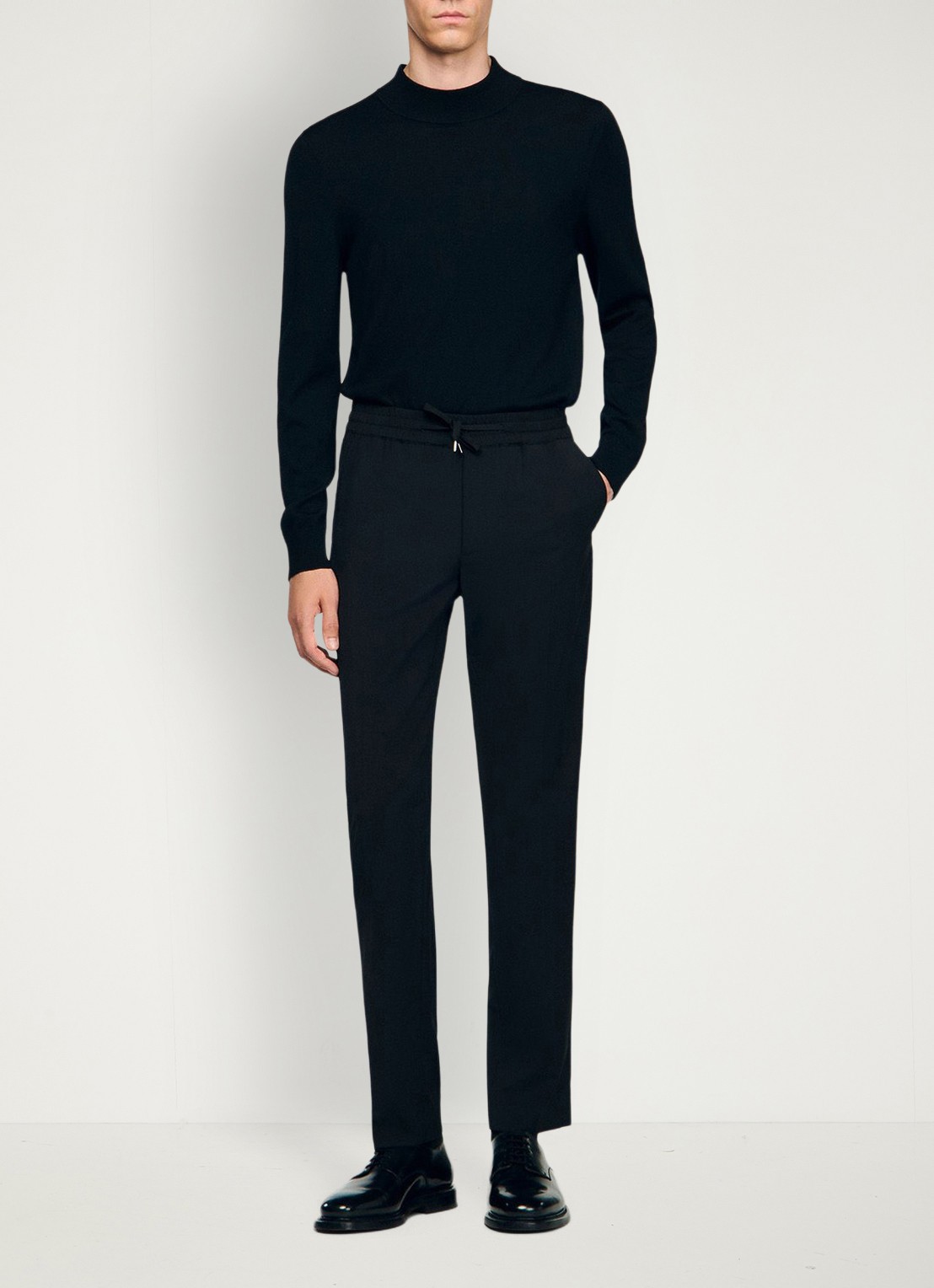 Sandro Slim fit pantalon in wolblend met elastische band - voorkant 6 black / zwart