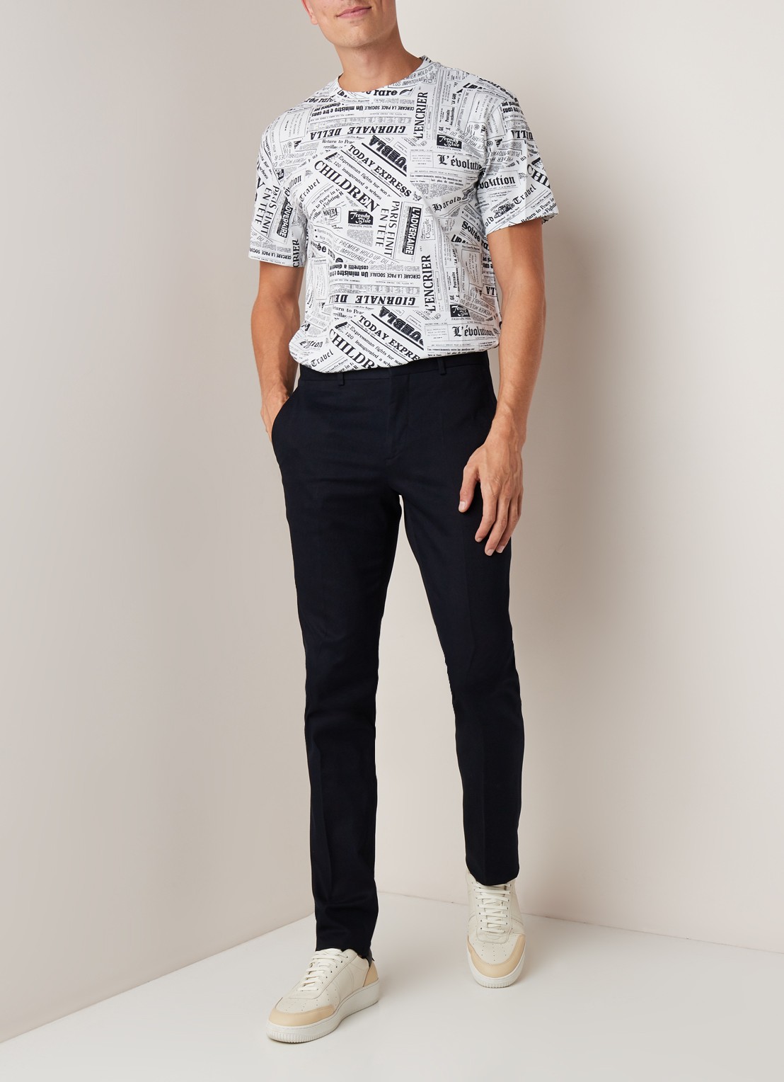 Sandro Slim fit pantalon van katoen met persplooi - voorkant 5 donkerblauw