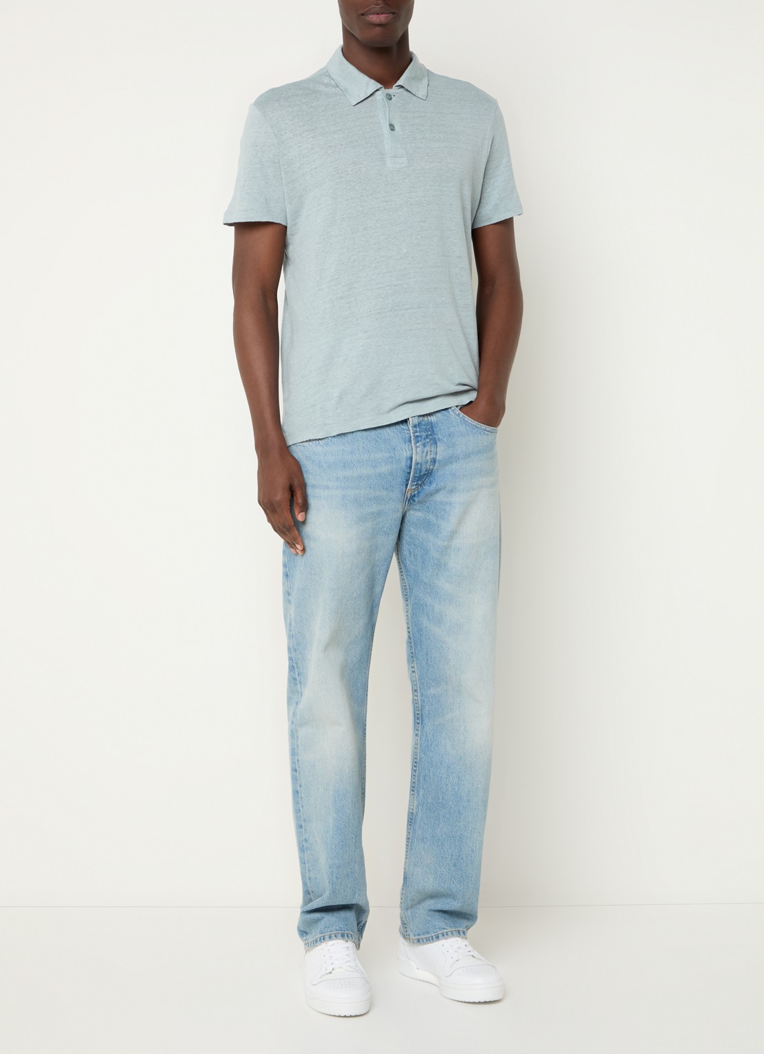 Sandro Slim fit polo van linnen  - voorkant 3 zeegroen