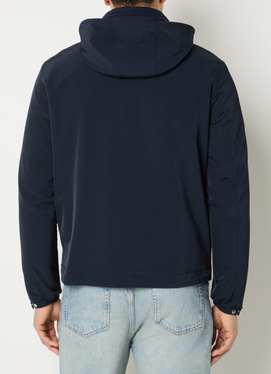 Sandro Softshell jack met opbergbare capuchon en steekzakken - achterkant donkerblauw