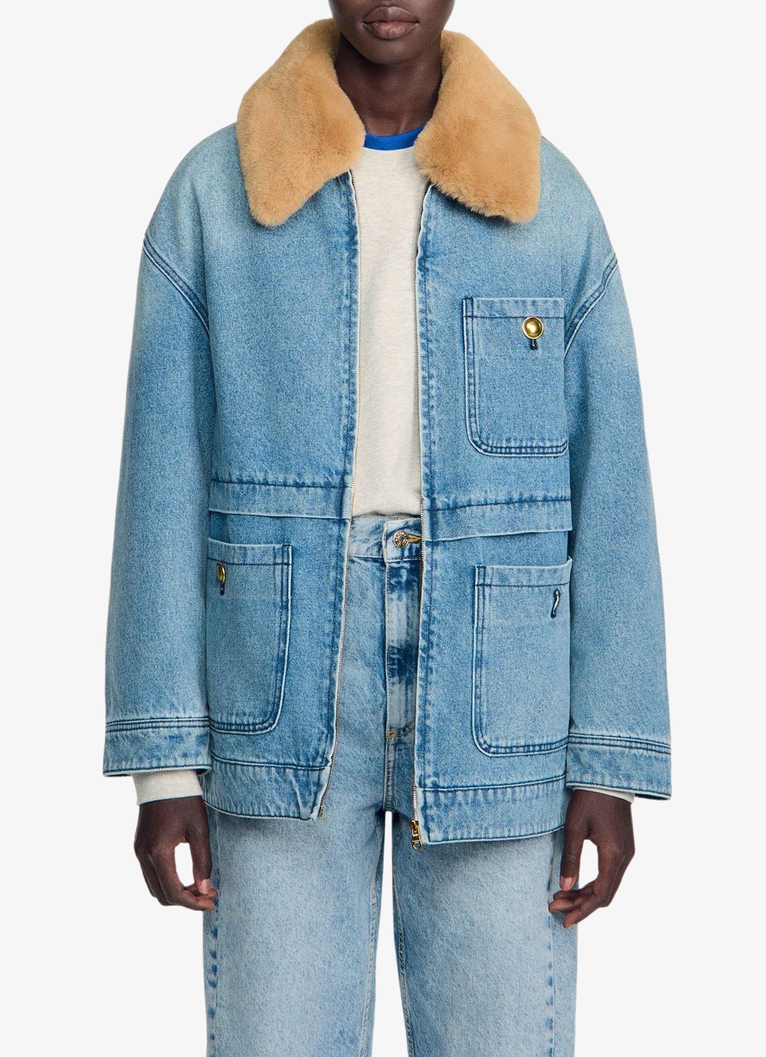 Sandro Spijkerjas met imitatiebontkraag - detail 3 denim