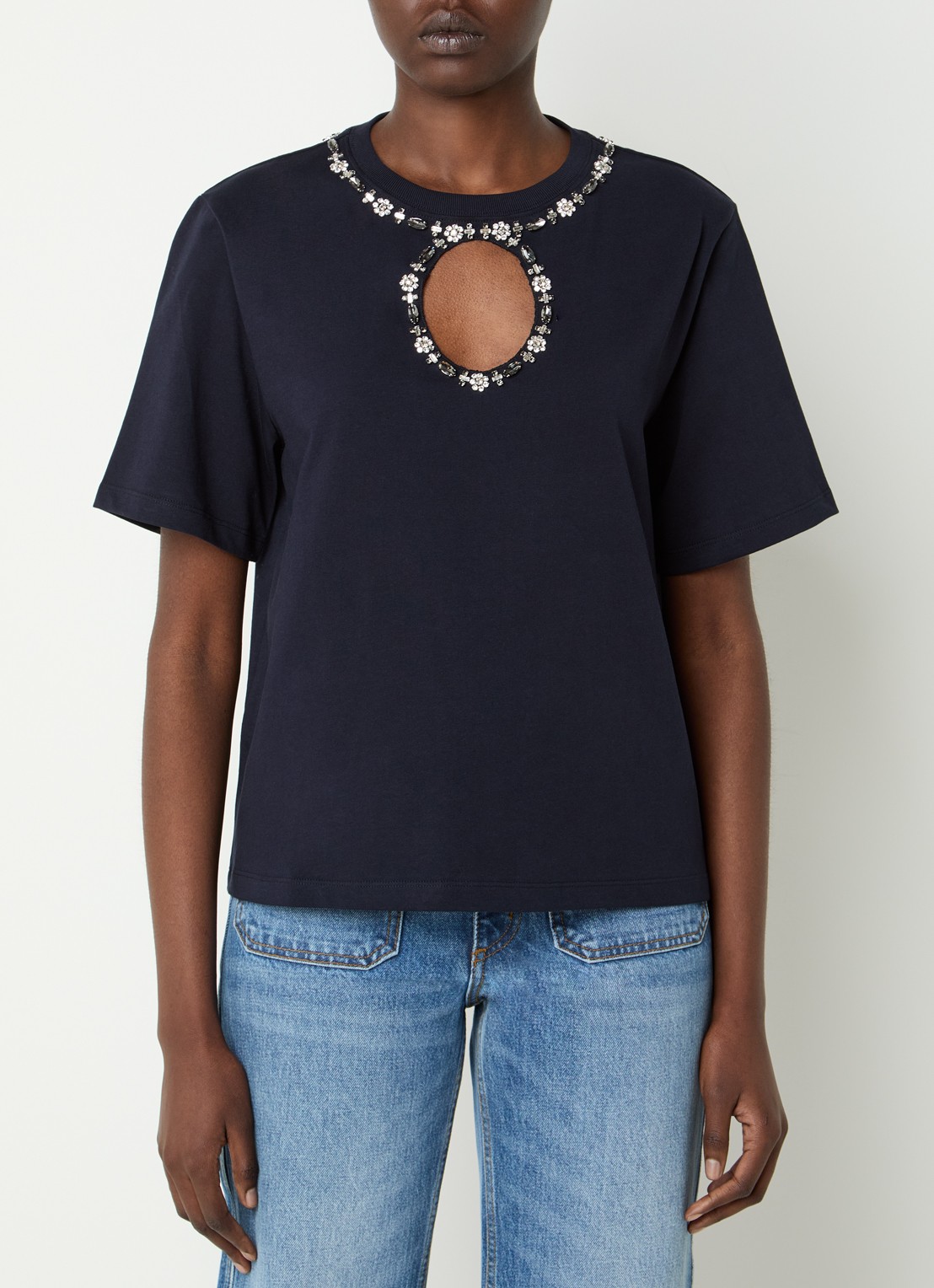 Sandro T-shirt met cut-out detail en strass - detail 3 donkerblauw