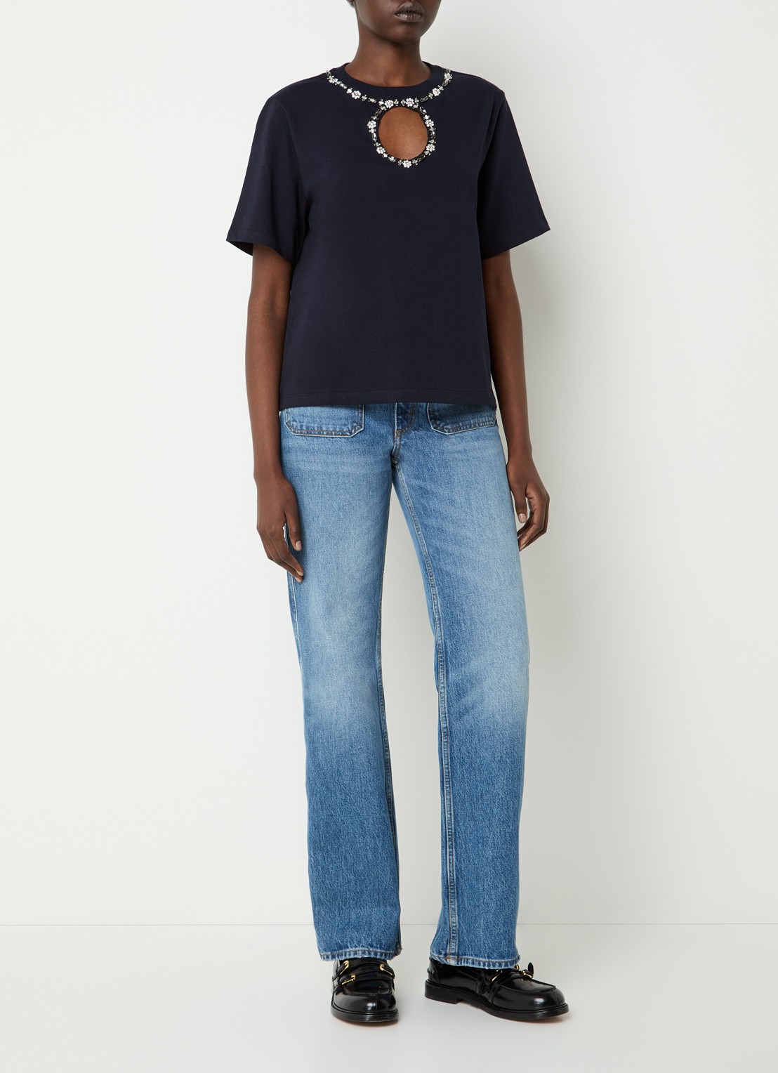 Sandro T-shirt met cut-out detail en strass - voorkant 2 donkerblauw