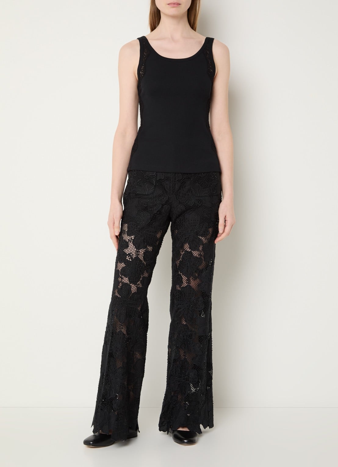 Sandro Tanktop met broderie en ribstructuur - voorkant 2 zwart