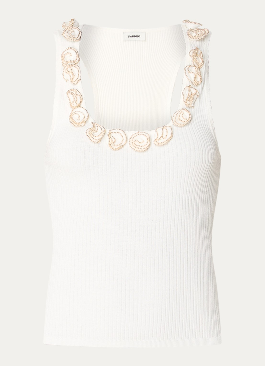 Sandro Tanktop met ribstructuur en strass - voorkant 2 gebroken wit