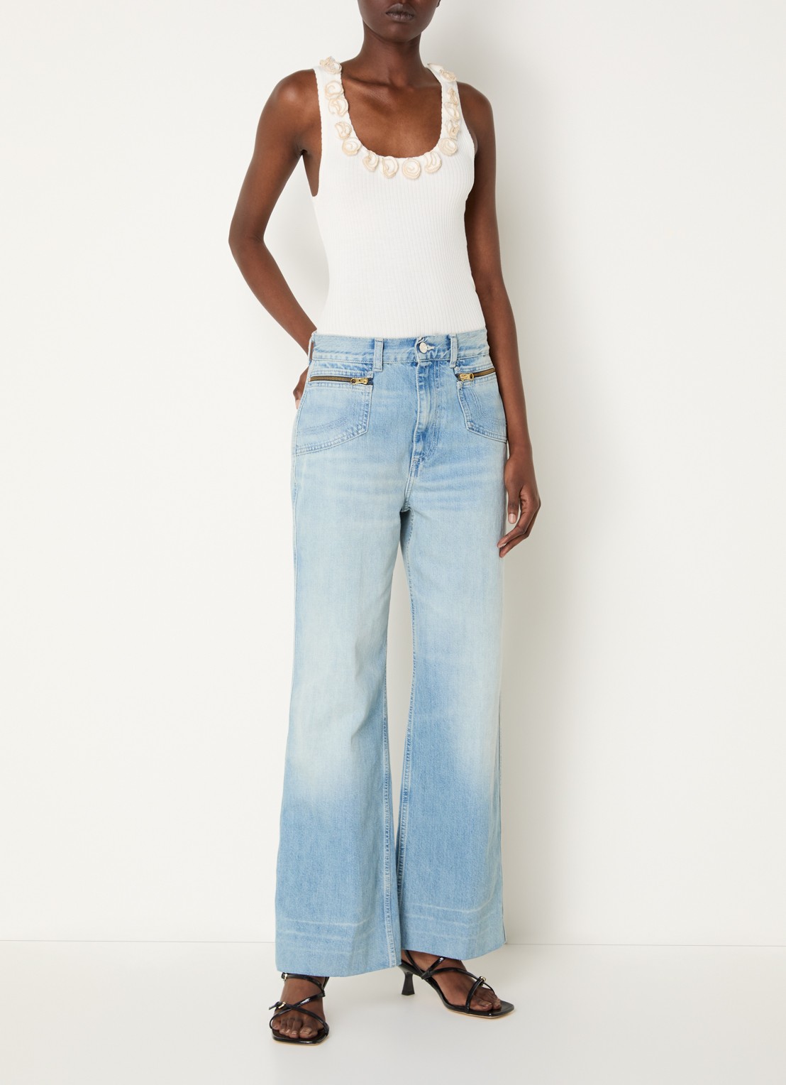 Sandro Tanktop met ribstructuur en strass - voorkant 3 gebroken wit
