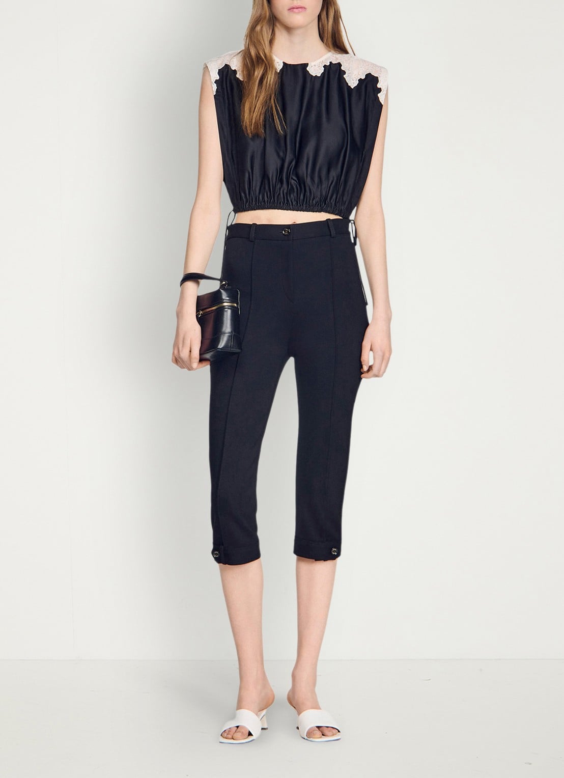Sandro Top met details van kant - voorkant 6 zwart / ecru