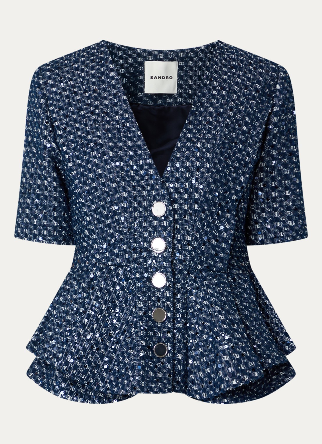 Sandro Top met pailletten en peplum - voorkant indigo