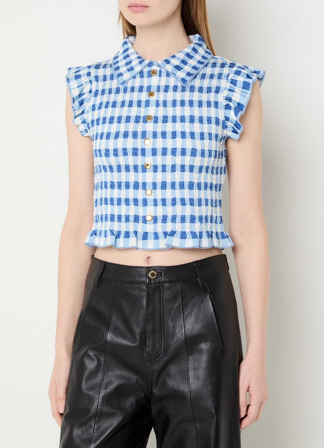 Sandro Top met sierknopen en smockwerk - detail 4 blauw