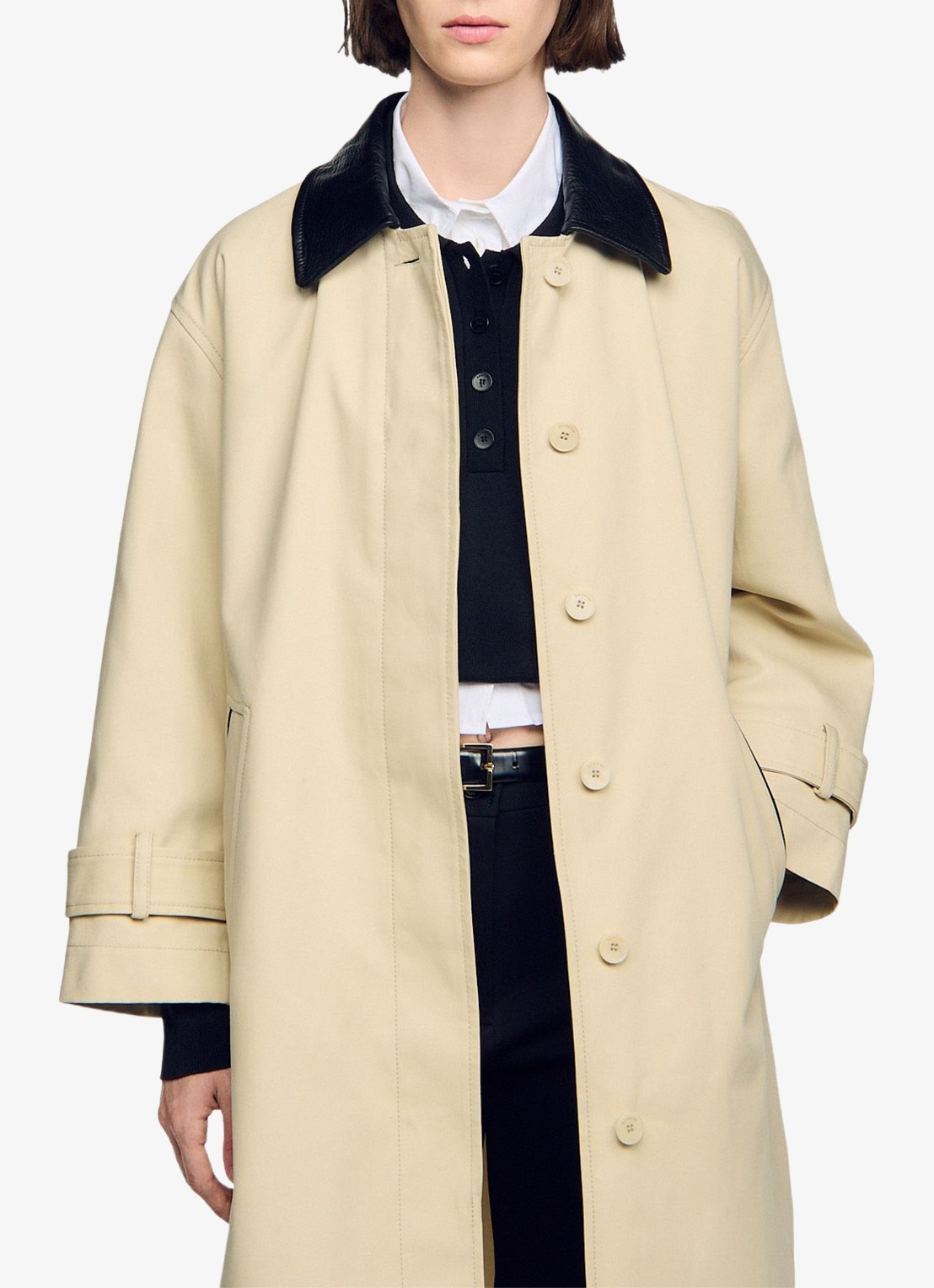 Sandro Trenchcoat met leren details - detail beige