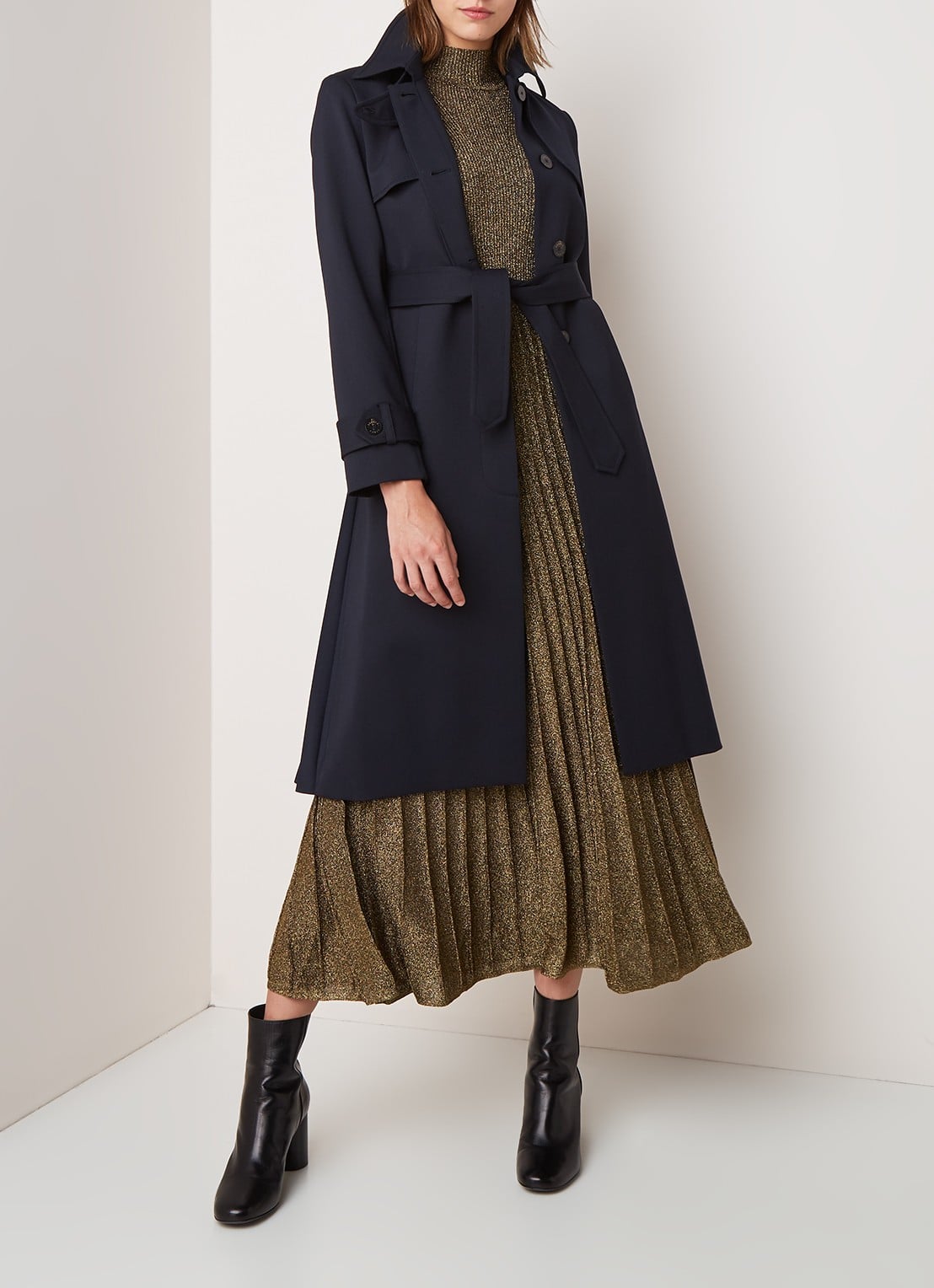 Sandro Trenchcoat met plissé en strikceintuur - voorkant 3 donkerblauw