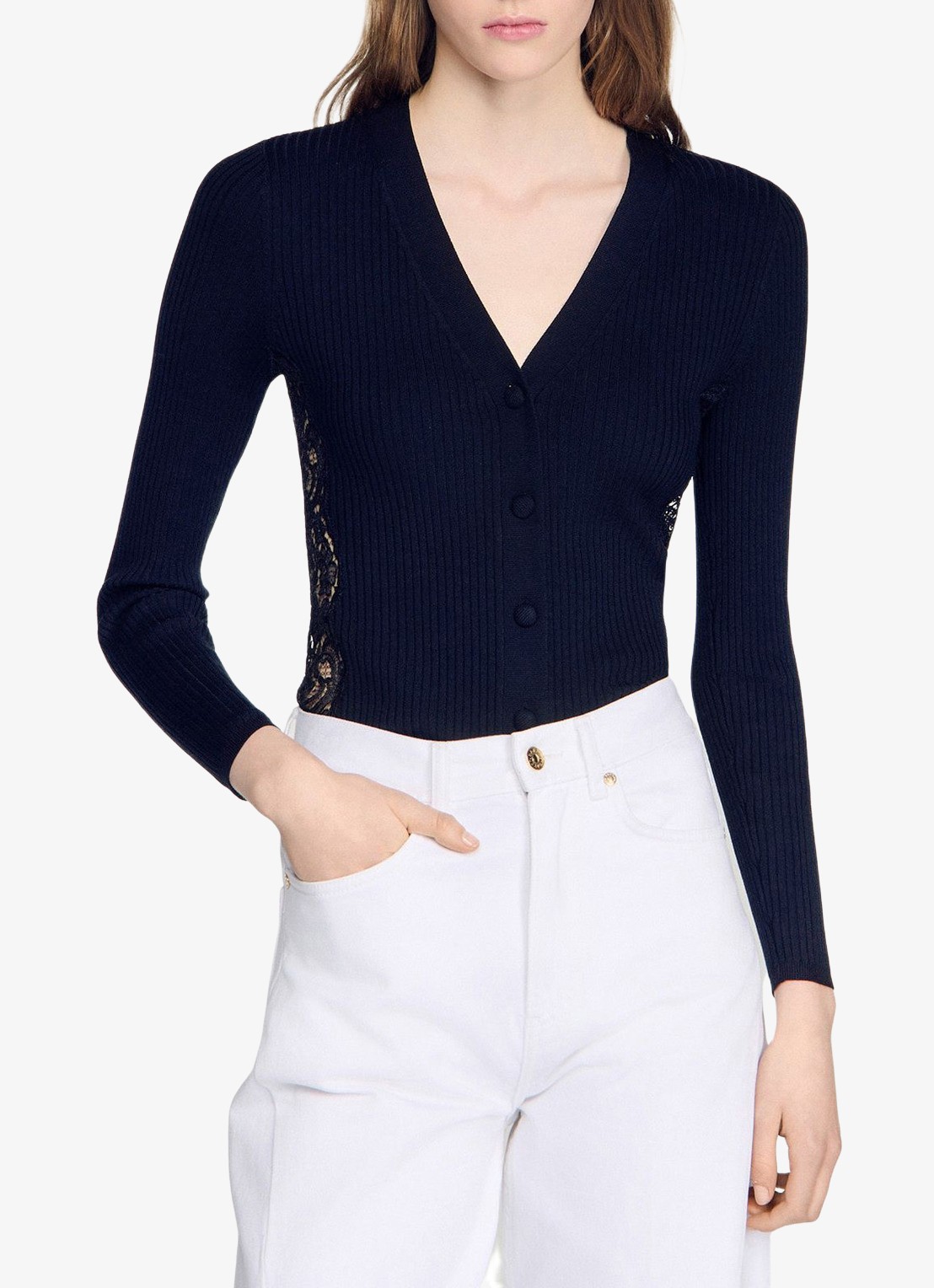 Sandro Vest met V-hals en details van kant - detail 4 black / zwart