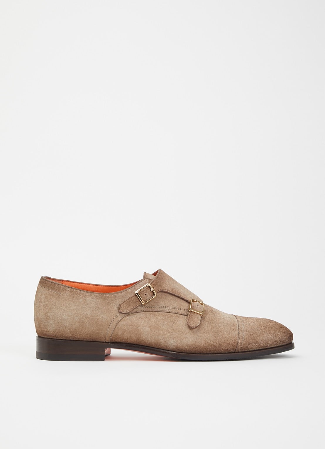 Santoni Axel Double Monk gespschoen van suède - voorkant 2 donkerbeige