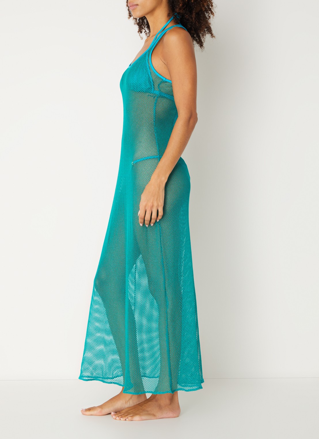 Sarda Janja maxi strandjurk met opengewerkt dessin en lurex - voorkant 3 turquoise