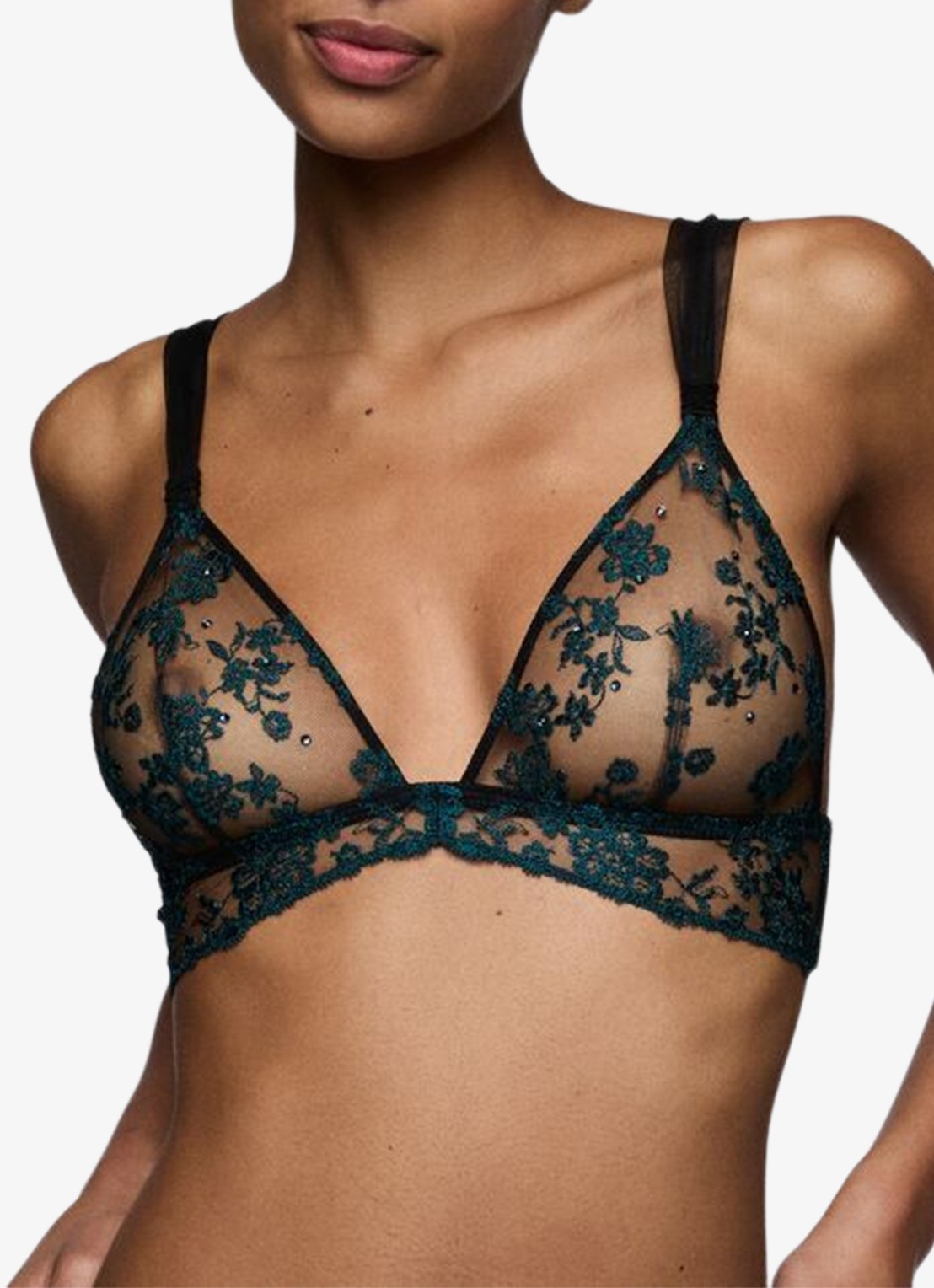 Sarda Lethi bralette van mesh met bloemborduring - detail zwart