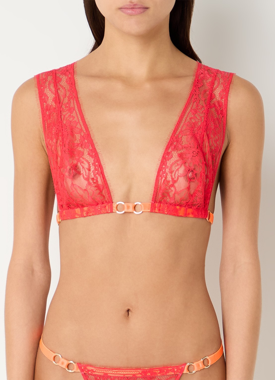Sarda Lovelace bralette van kant - detail koraalrood