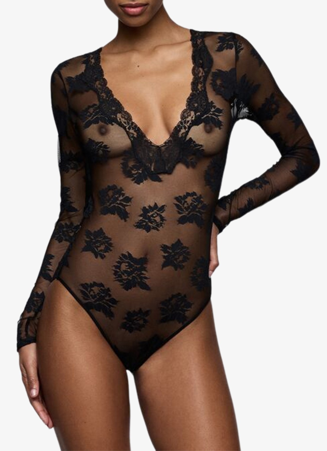 Sarda Mayela body van mesh met bloemborduring - detail zwart