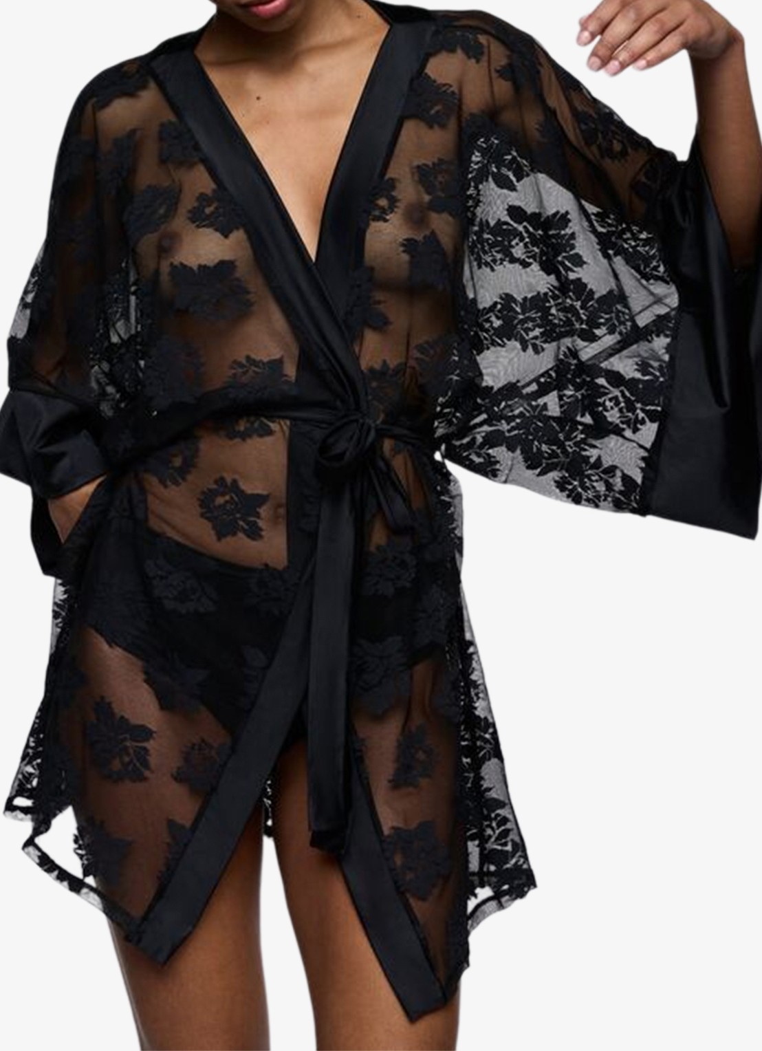 Sarda Mayela kimono van mesh met bloemborduring - detail zwart