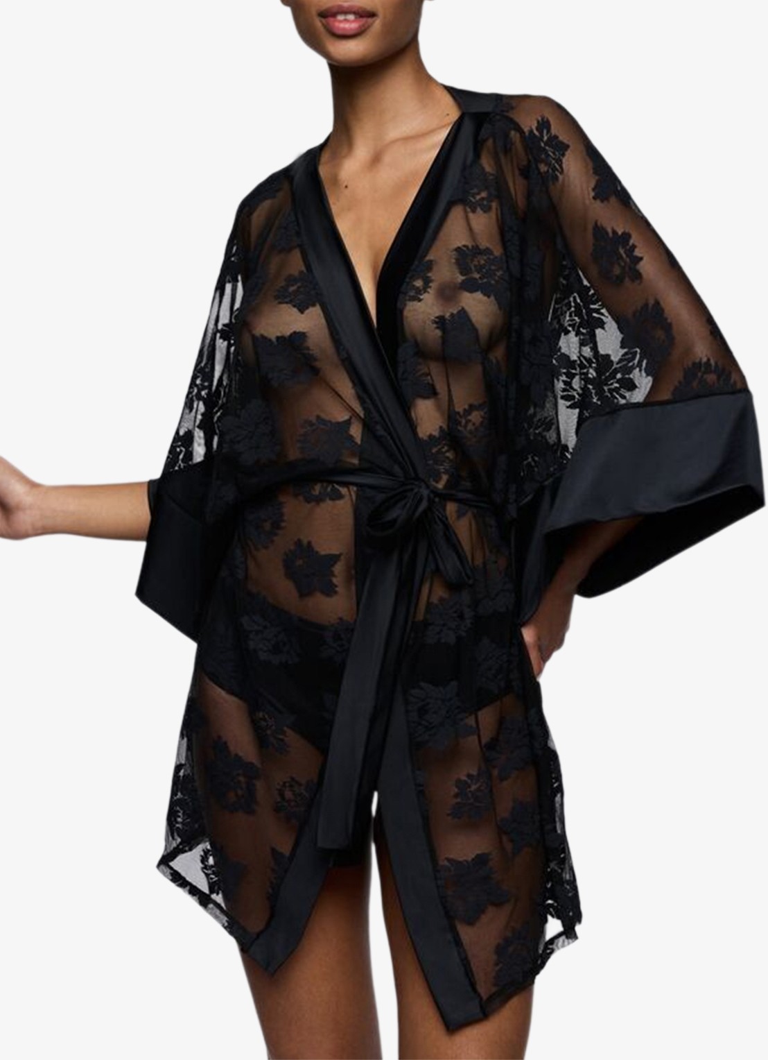 Sarda Mayela kimono van mesh met bloemborduring - voorkant 3 zwart