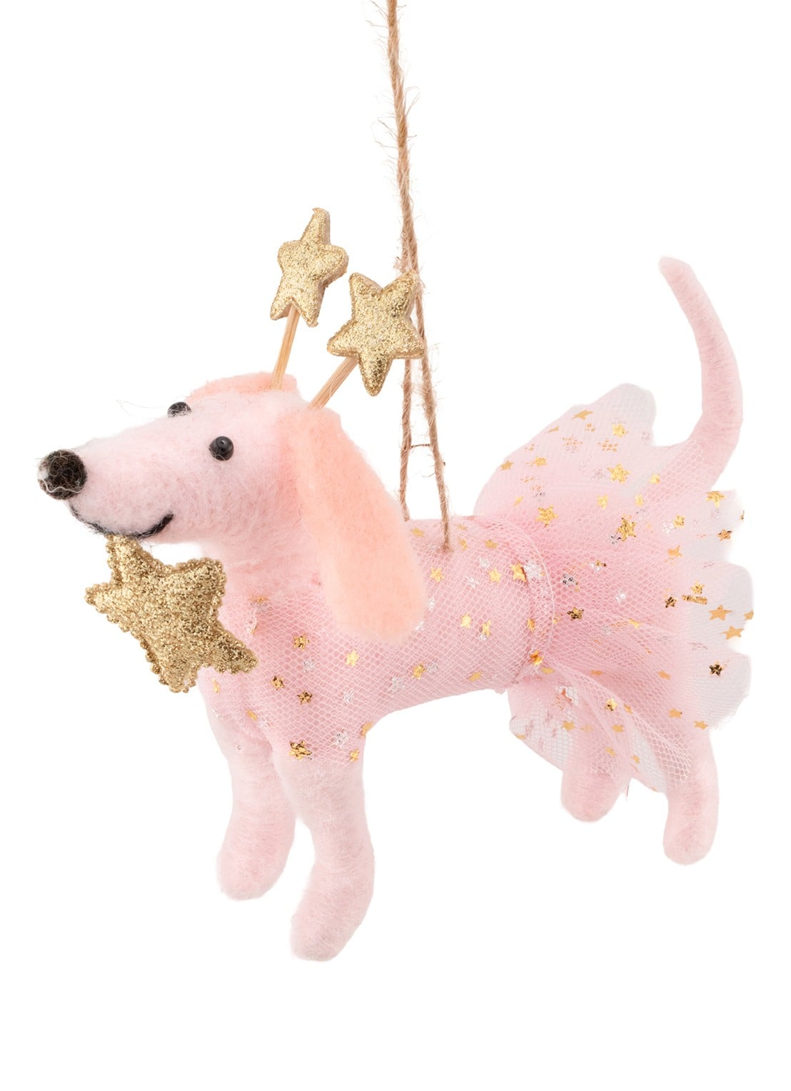 Sass & Belle Feeën Teckel kersthanger 13 cm - voorkant roze