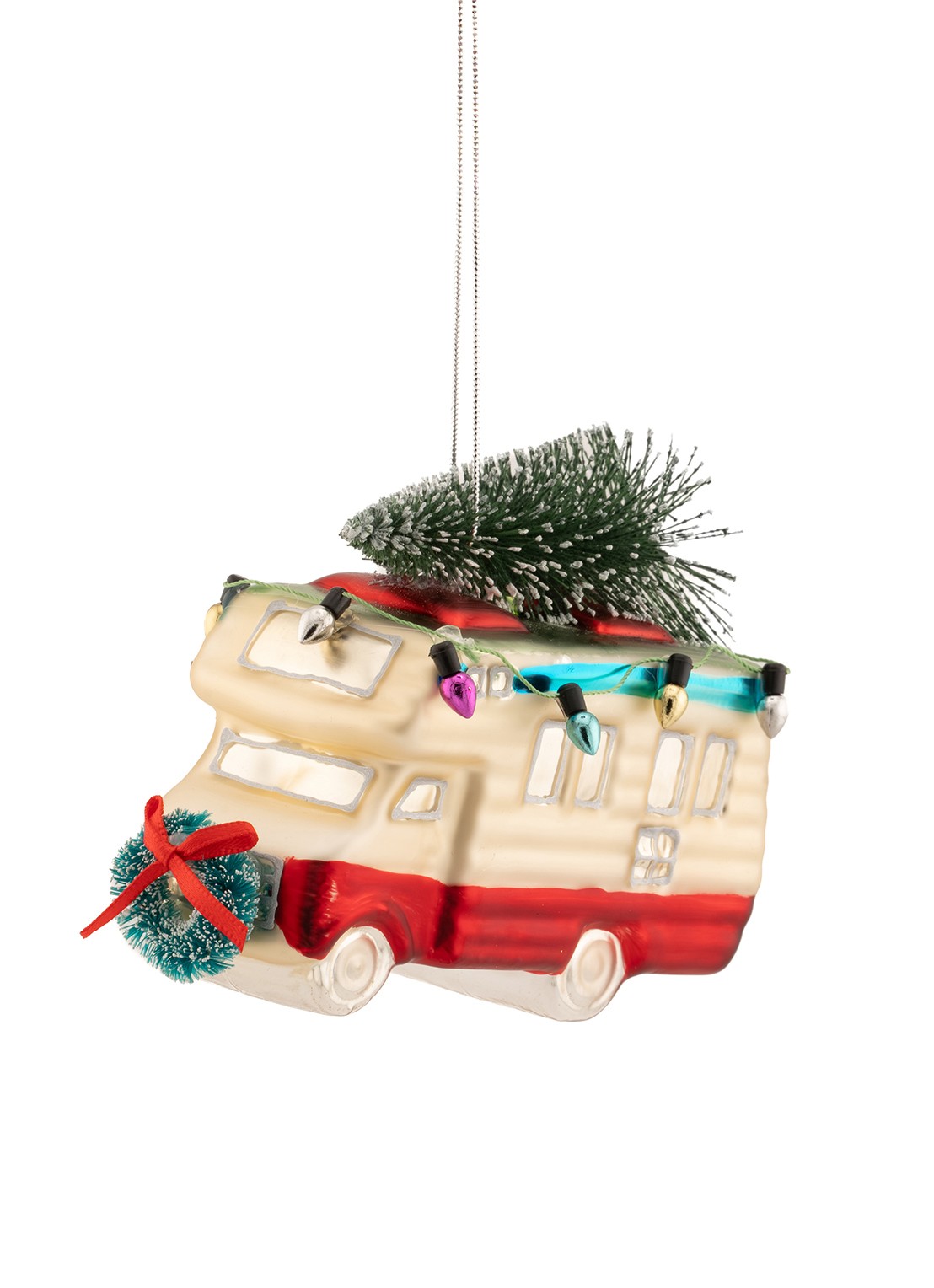 Sass & Belle Kampeerbusje met kerstboom kersthanger 9 cm - voorkant creme