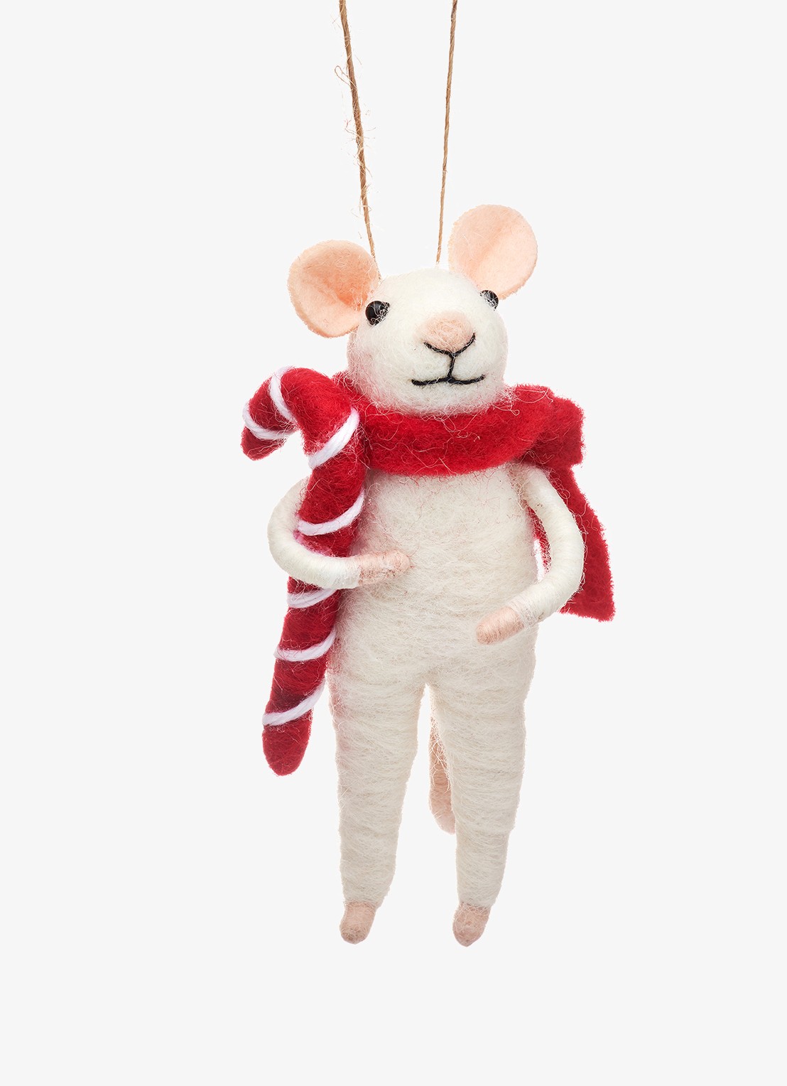 Sass & Belle Muis met Zuurstok kersthanger 7 cm - voorkant gebroken wit