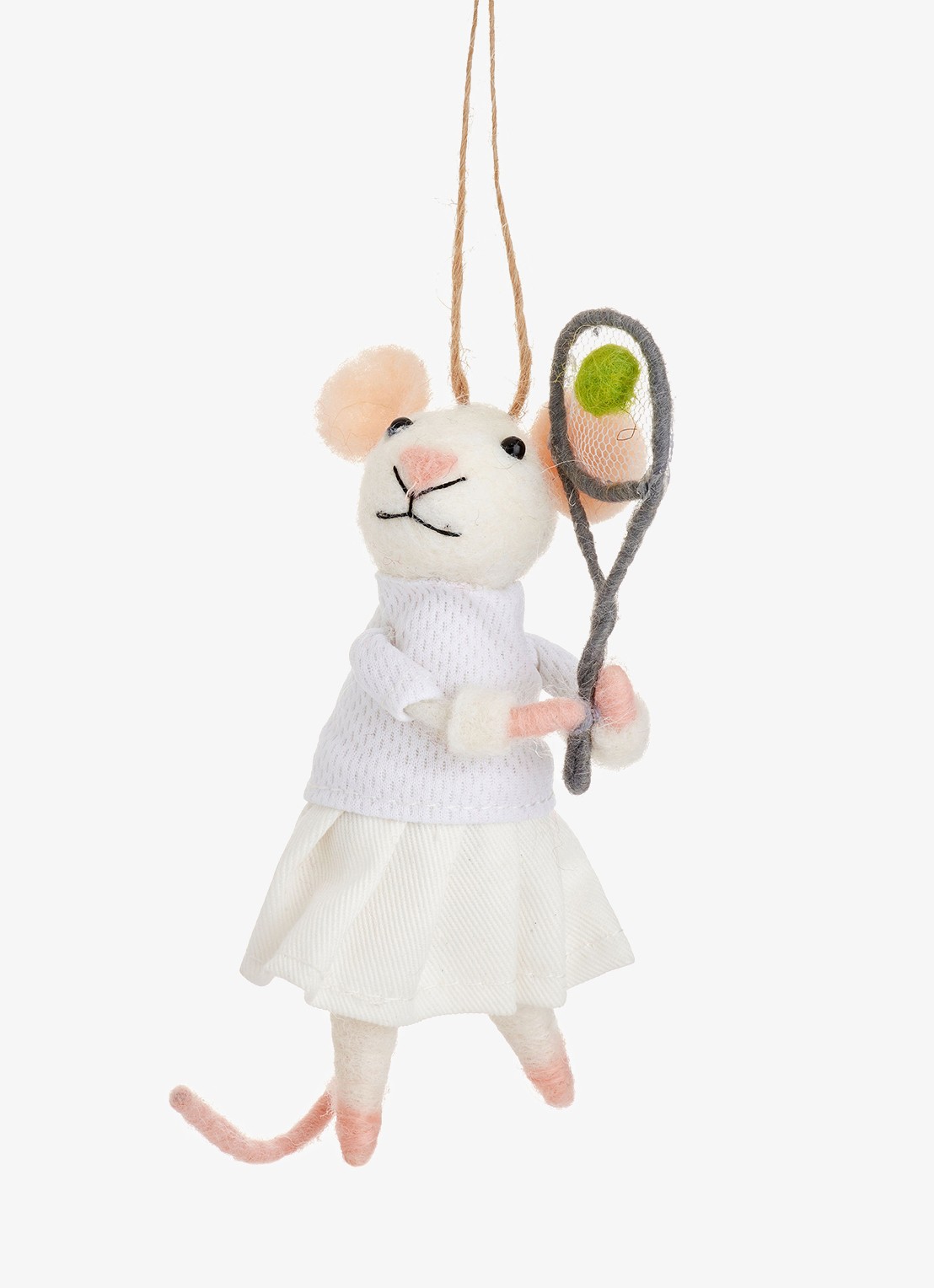 Sass & Belle Tennis Muis kersthanger 13 cm - voorkant wit