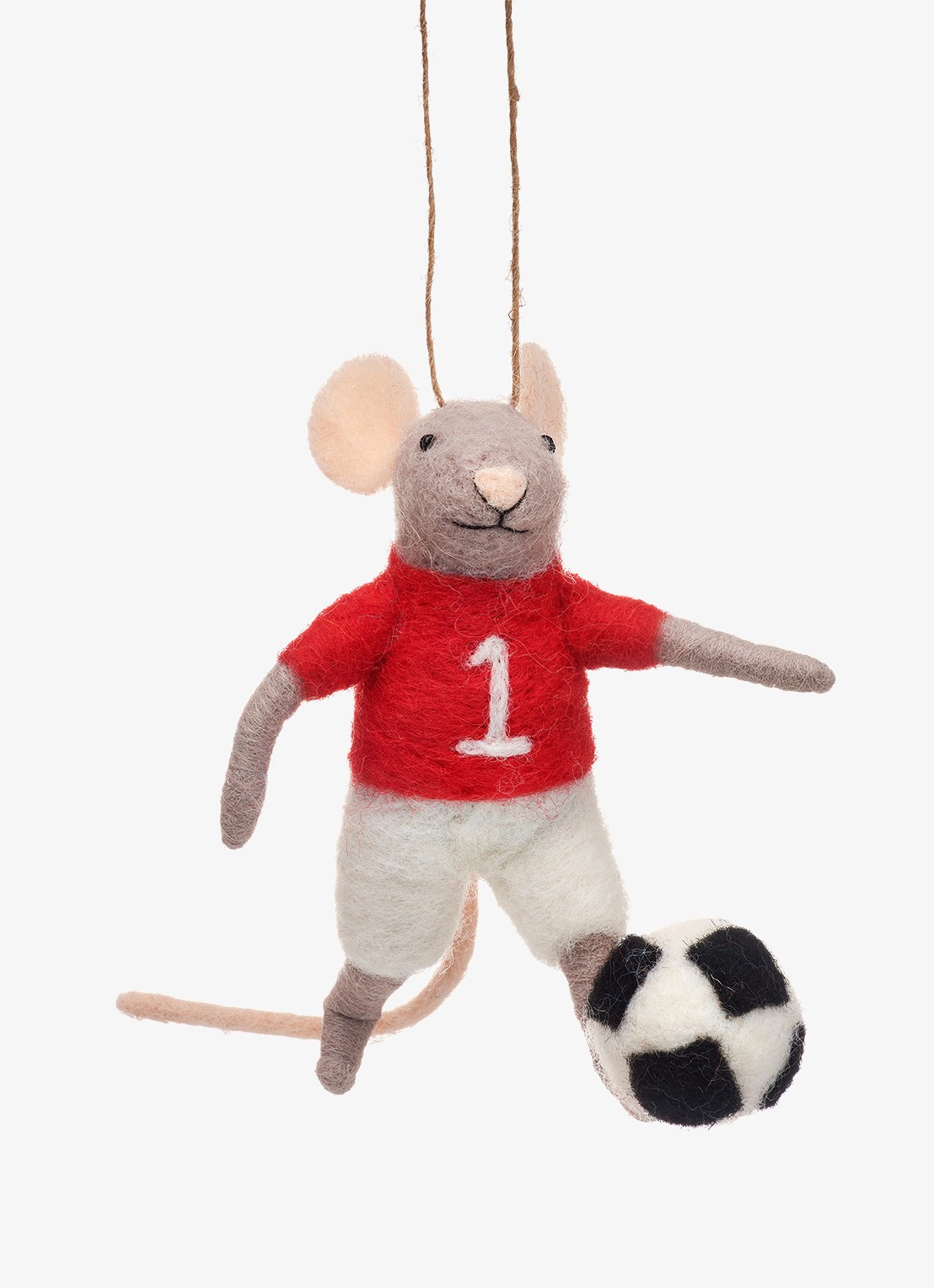 Sass & Belle Voetbal Muis kersthanger 11 cm - voorkant grijs