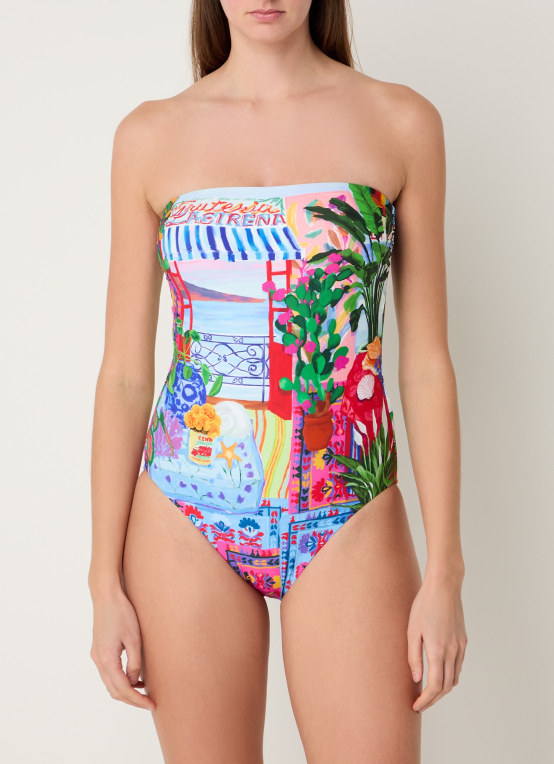 Seafolly Bandeau badpak met print en uitneembare vulling - voorkant 6 blauw