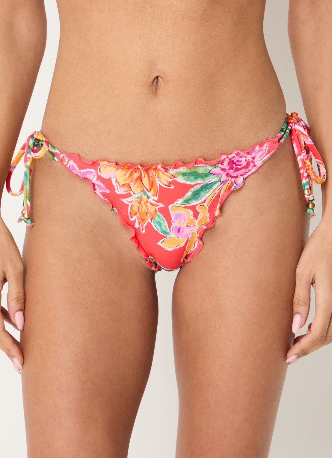 Seafolly Brazilian bikinislip met bloemenprint - voorkant 3 koraalrood