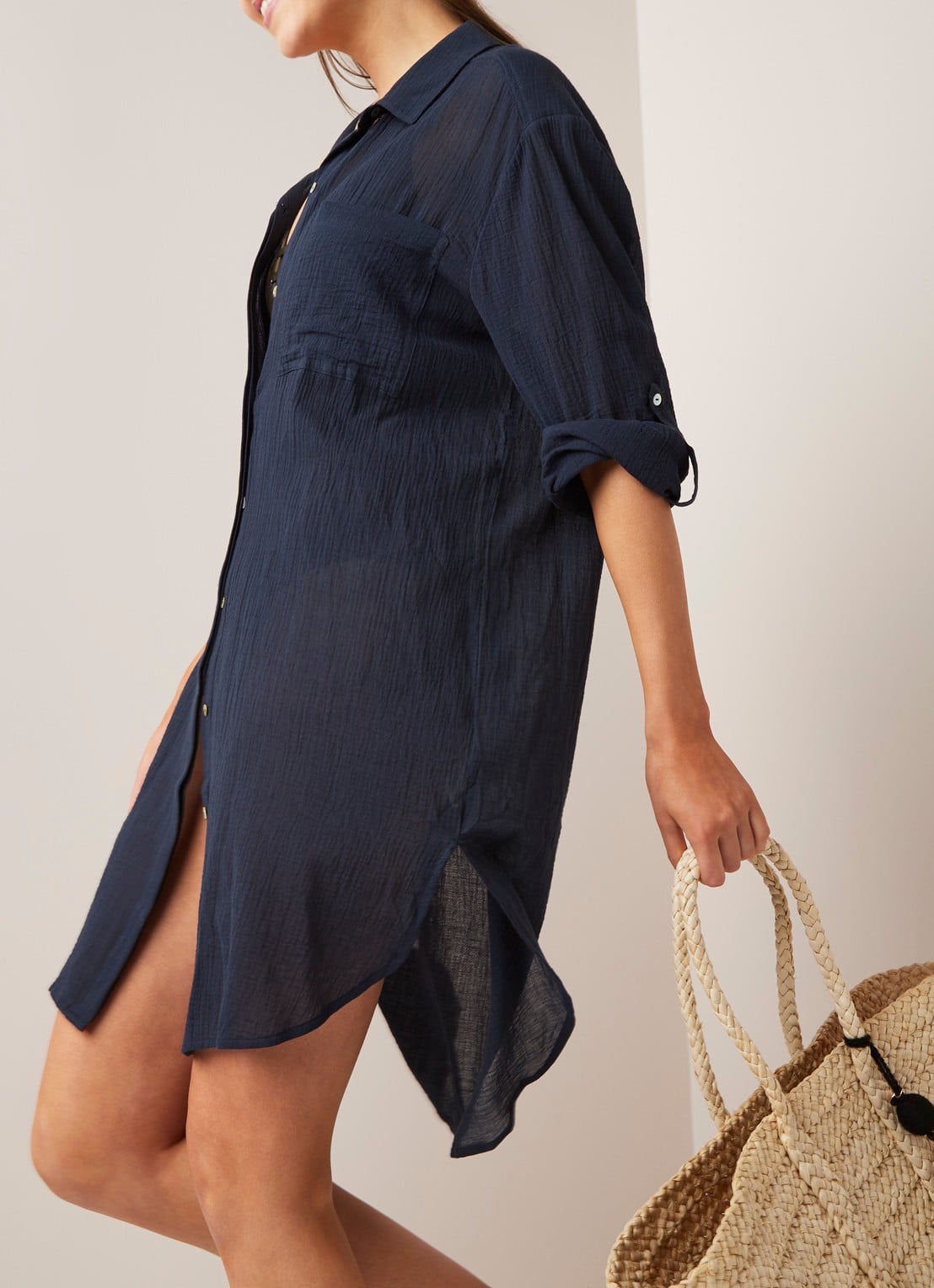 Seafolly Crinkle strandtuniek met verstelbare mouw - detail 2 donkerblauw