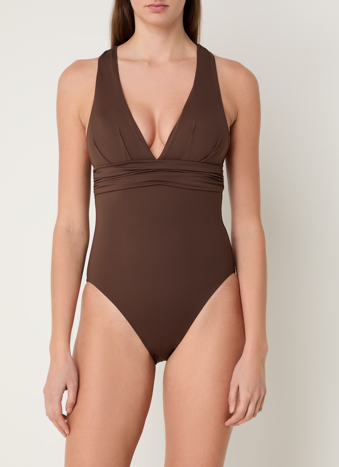 Seafolly Cross Back plunge badpak met plooidetail - voorkant 2 bruin
