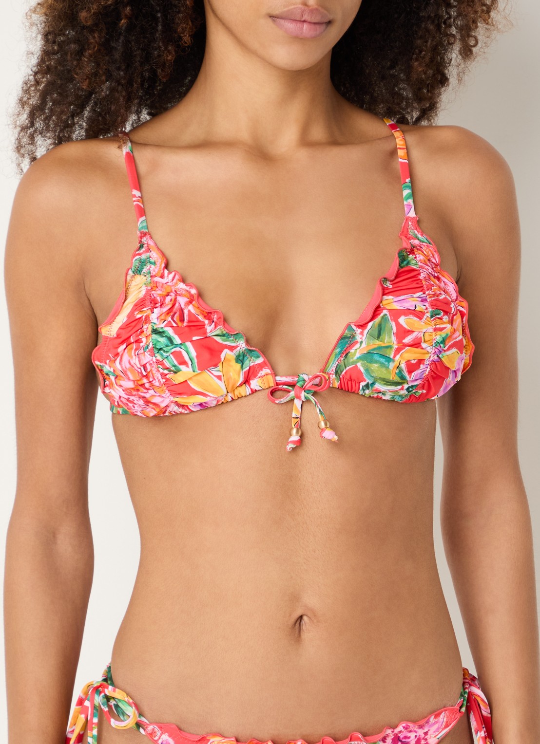 Seafolly Slide triangel bikinitop met bloemenprint - voorkant 2 koraalrood