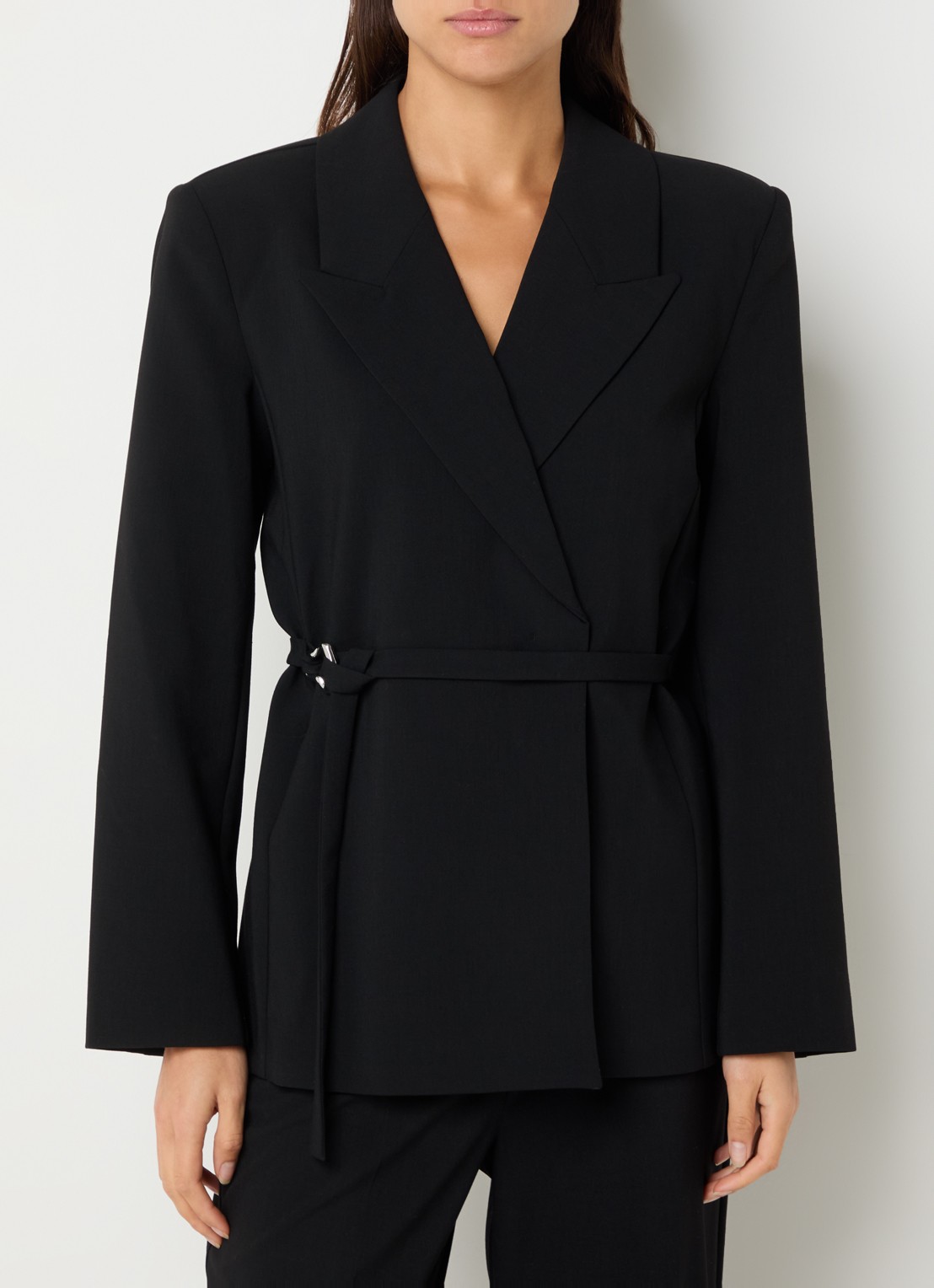Selected Aila blazer in wolblend met ceintuur - detail zwart