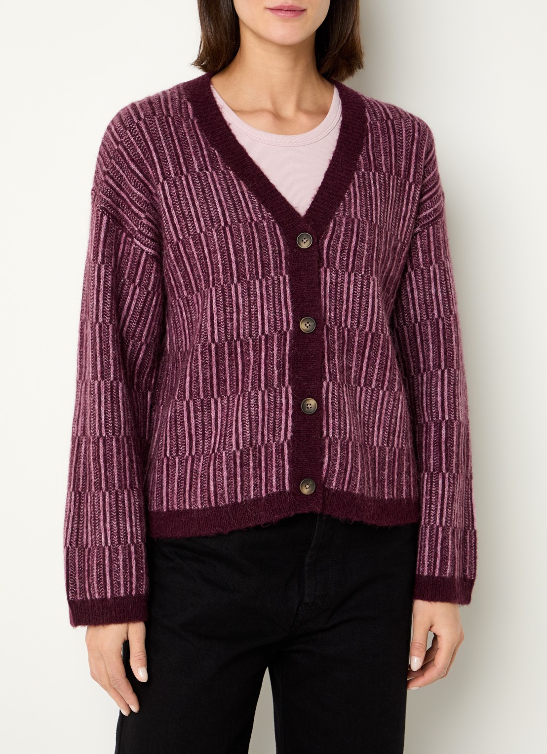 Selected Alva grofgebreid vest in alpaca wolblend met streepprint - detail 4 aubergine