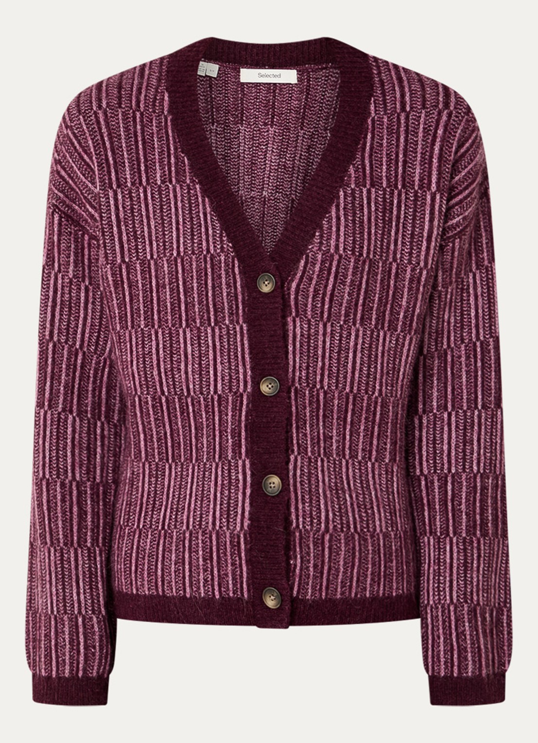 Selected Alva grofgebreid vest in alpaca wolblend met streepprint - voorkant aubergine