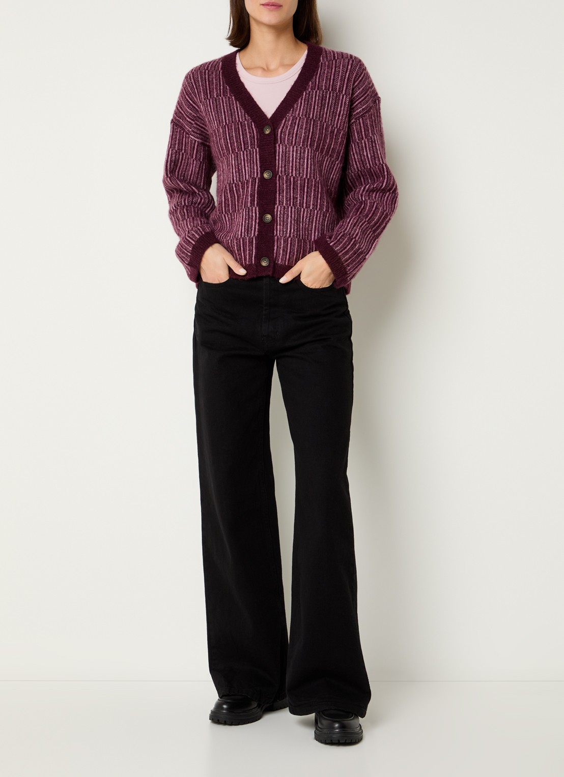 Selected Alva grofgebreid vest in alpaca wolblend met streepprint - voorkant 2 aubergine