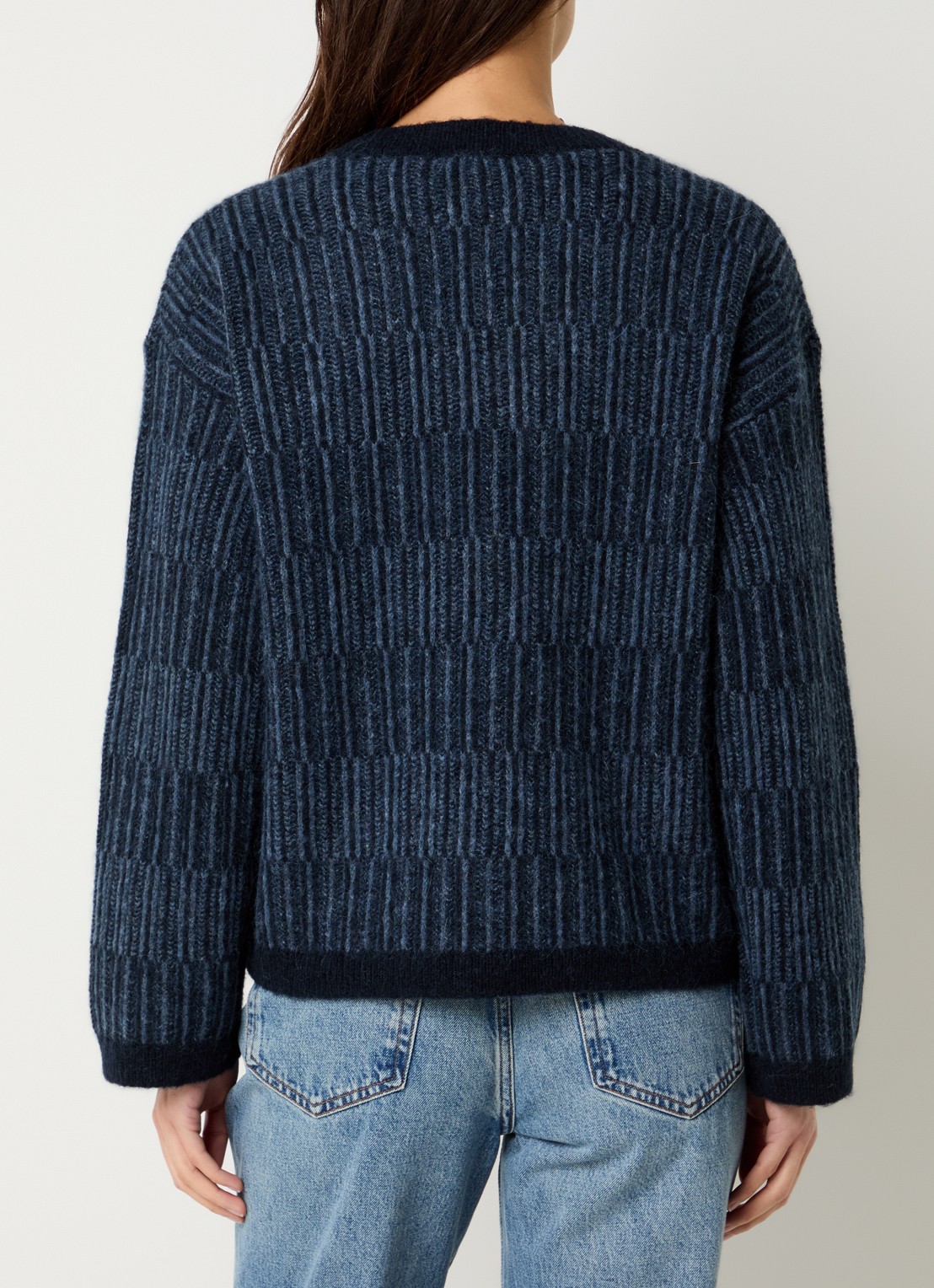 Selected Alva grofgebreid vest in alpaca wolblend met streepprint - achterkant indigo