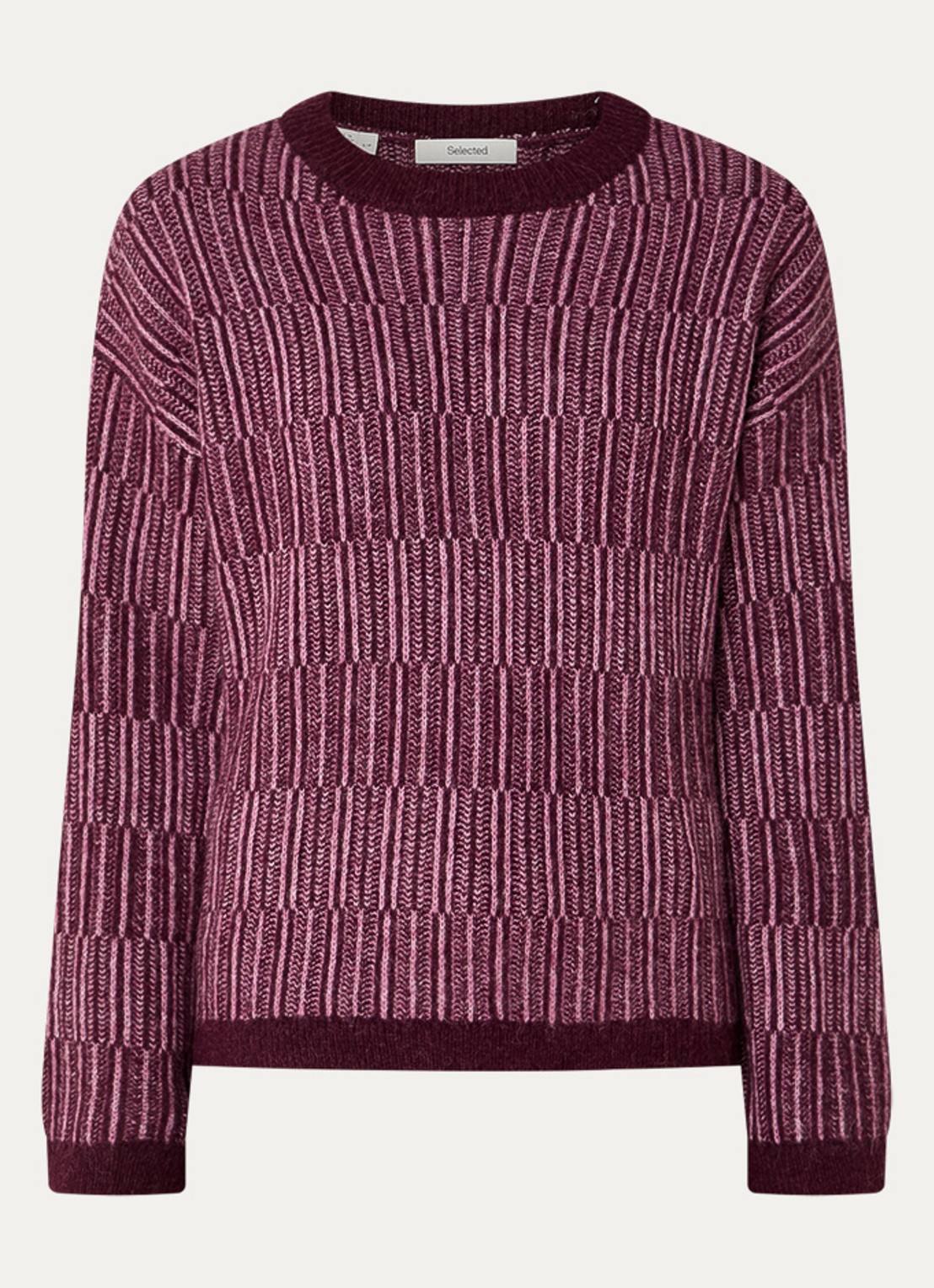 Selected Alva grofgebreide trui in alpaca wolblend met gemêleerd dessin - voorkant aubergine