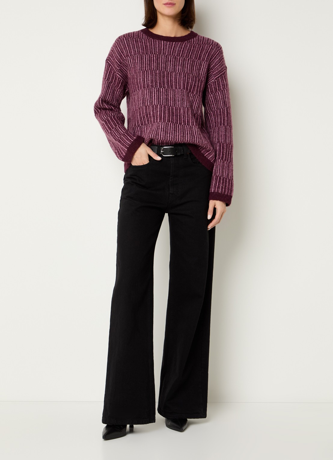 Selected Alva grofgebreide trui in alpaca wolblend met gemêleerd dessin - voorkant 2 aubergine