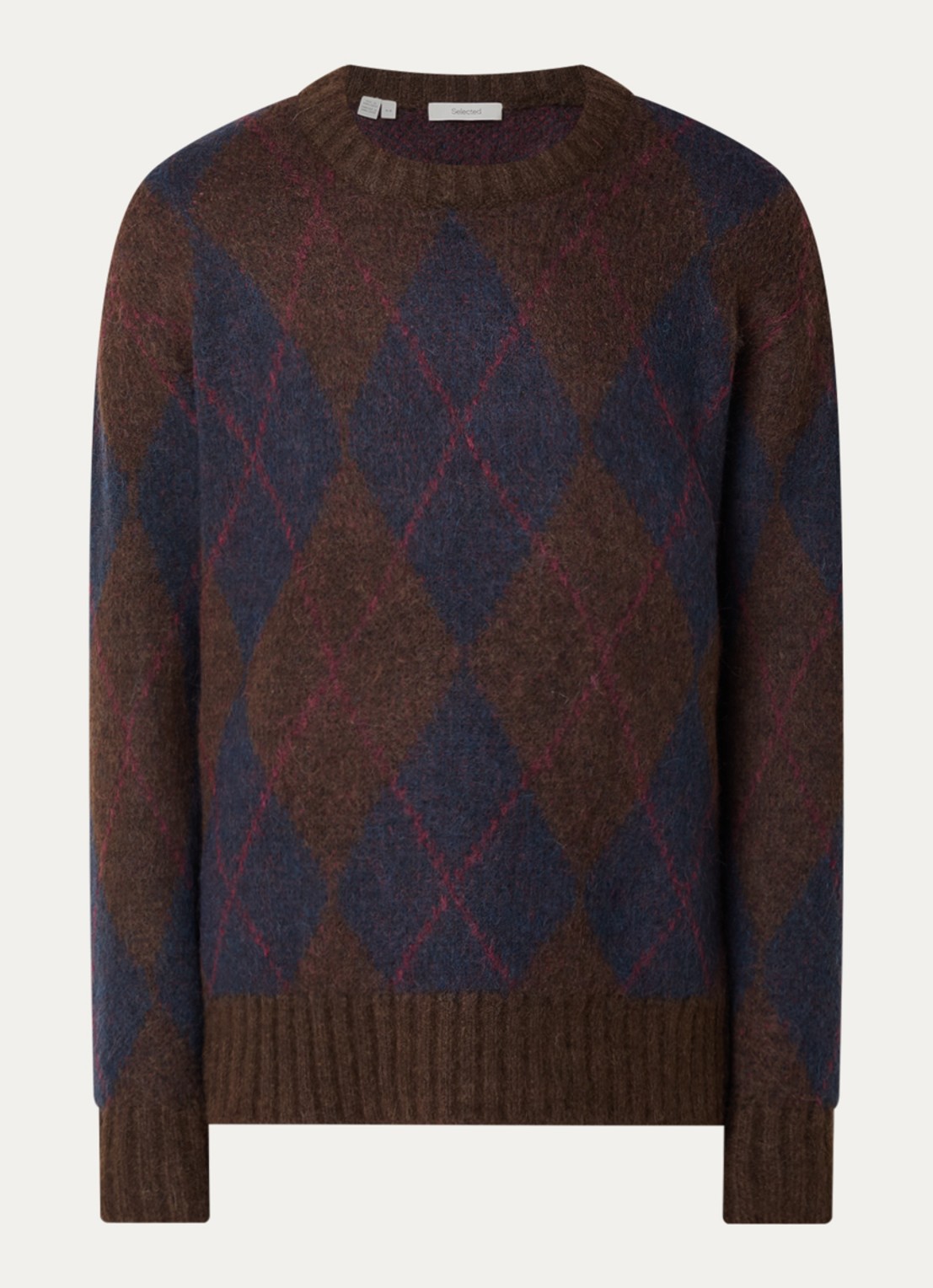 Selected Argyle grofgebreide trui in wolblend - voorkant donkerbruin