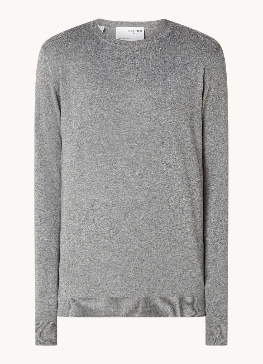 Selected Berg fijngebreide pullover met gemêleerd dessin - voorkant 2 grijsmele